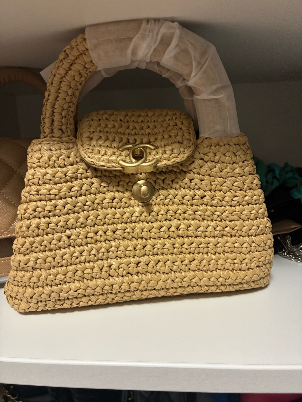 Source Unknown Woven Straw Top-Handle Bag in Tan with Gold Hardware
